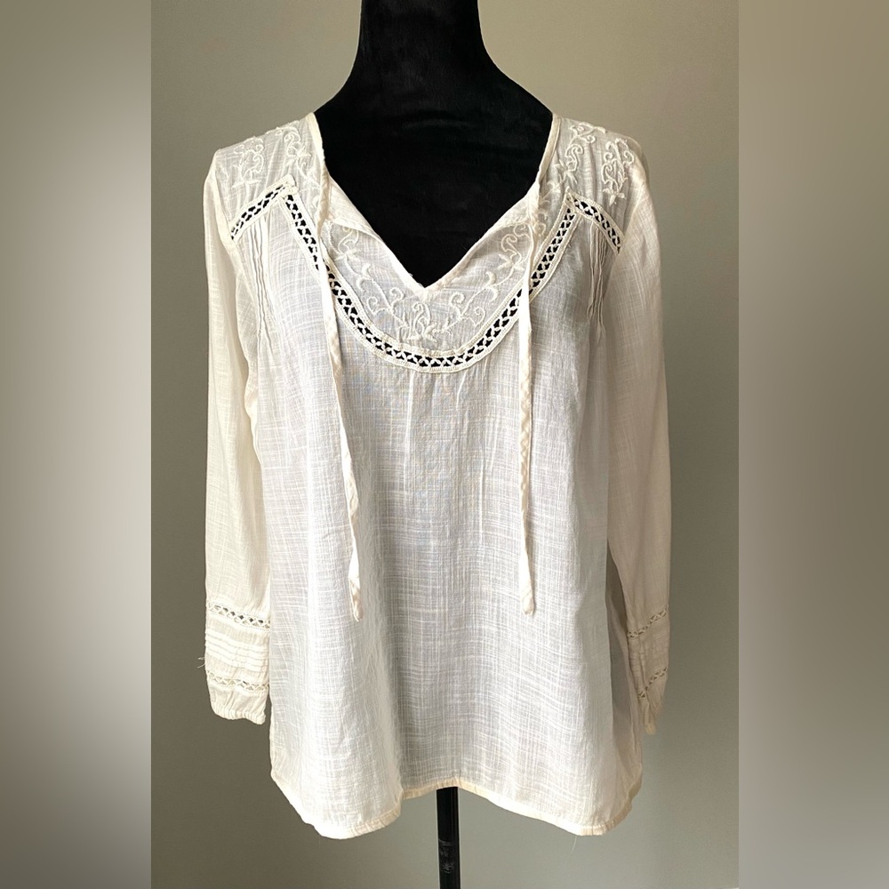 Lucky Brand Sheer Ivory Cotton Embroidered Peasant Top